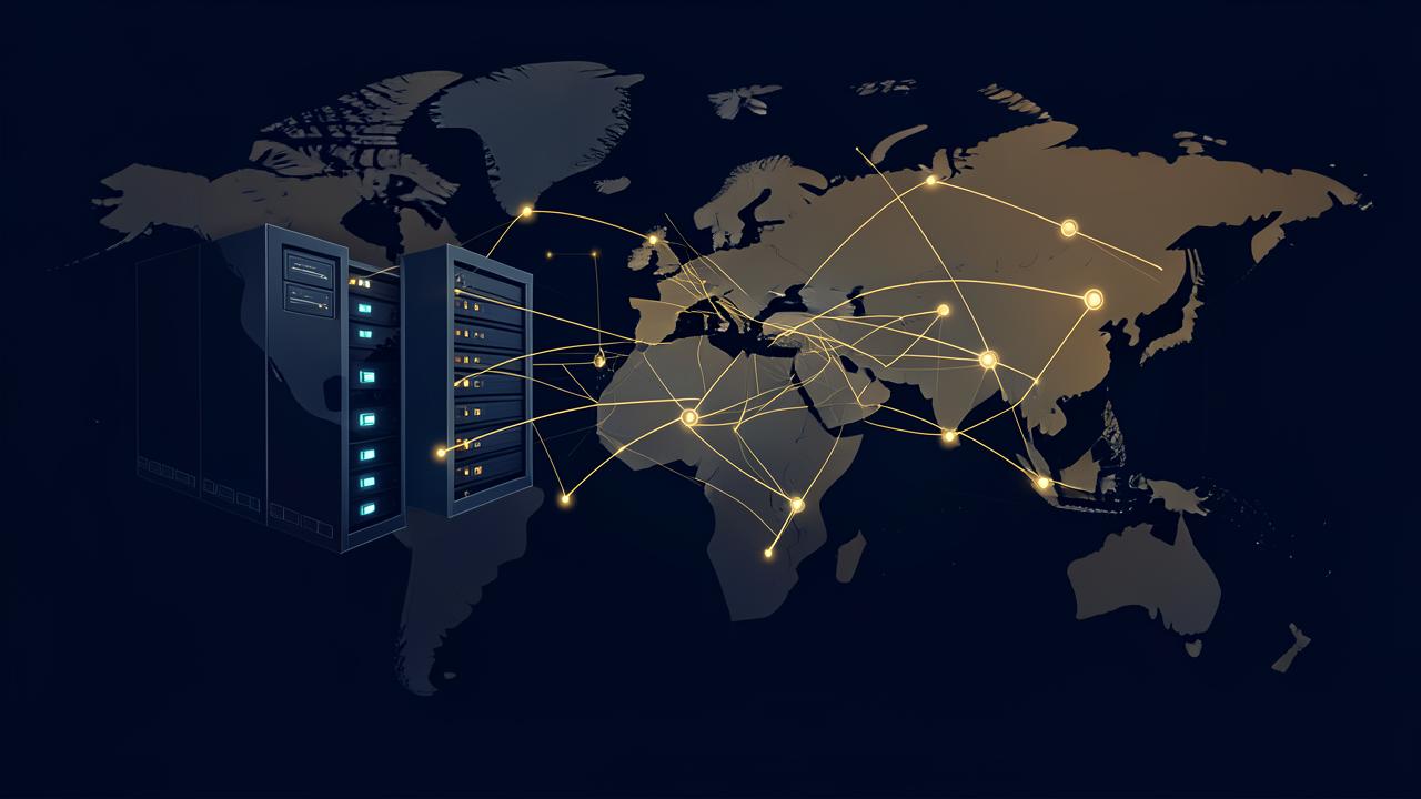 Abstract global AI infrastructure network connecting Europe and Asia